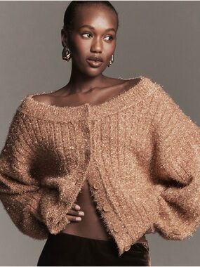 NWT Anthropologie Boat Neck Tinsel Cardigan Sweater in Mink Blush Size Med